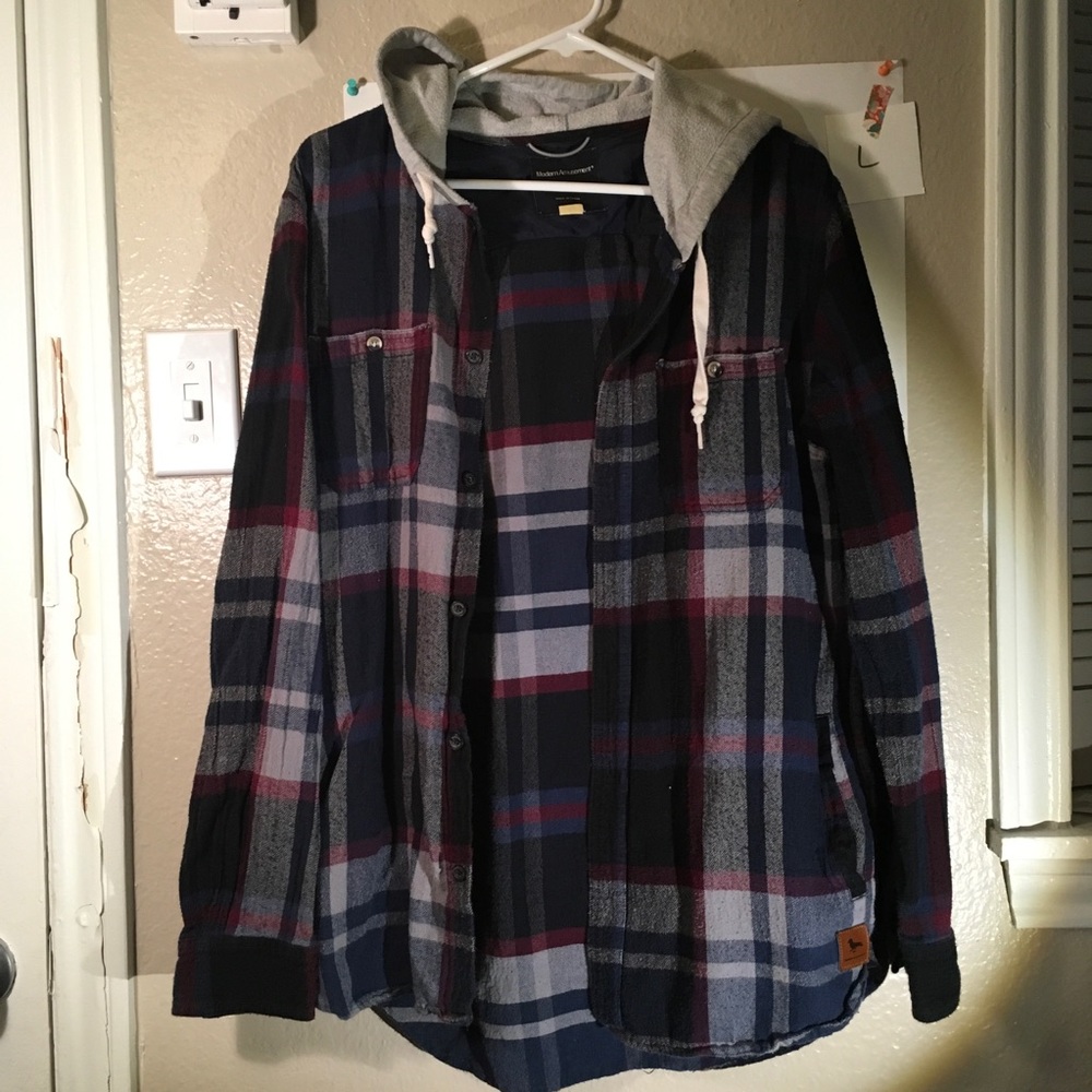 Blue (Navy) flannel sweater with hoodie